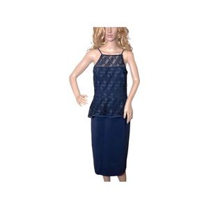 BLACK HALO. Women’s Navy Blue Lace Peplum Spaghetti Straps Midi Dress 12